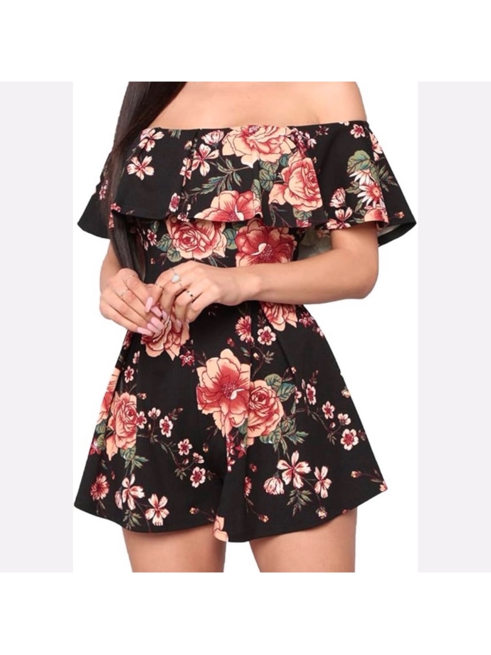 NWOT-Off the Shoulder Floral Crepe Romper. Size: Medium